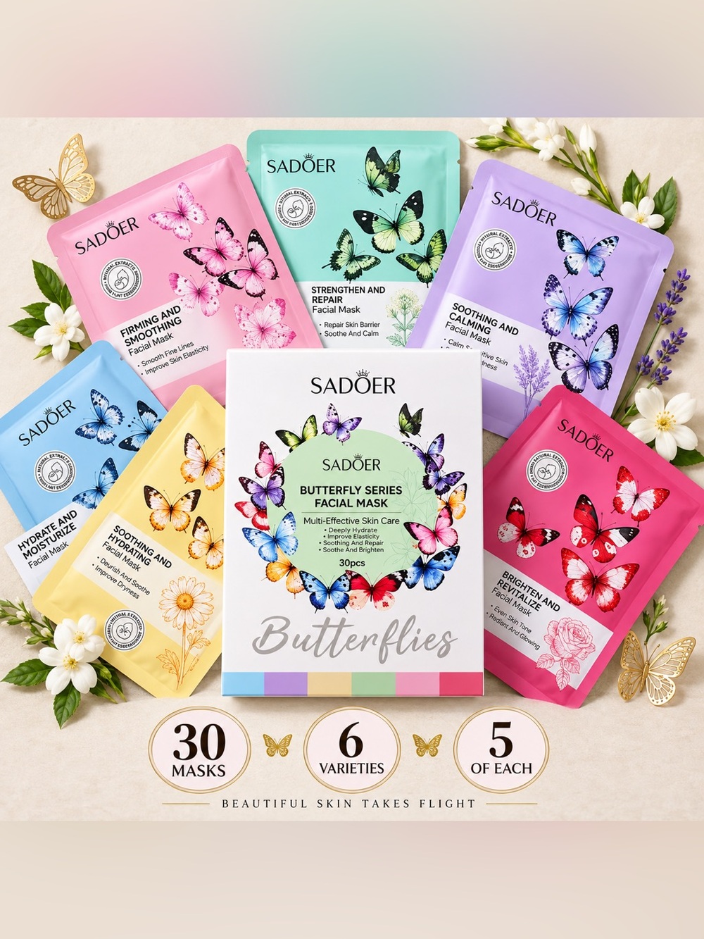 Sadoer • 30 Pack Set Facial Sheet Masks • Butterfly Series Sealed Box